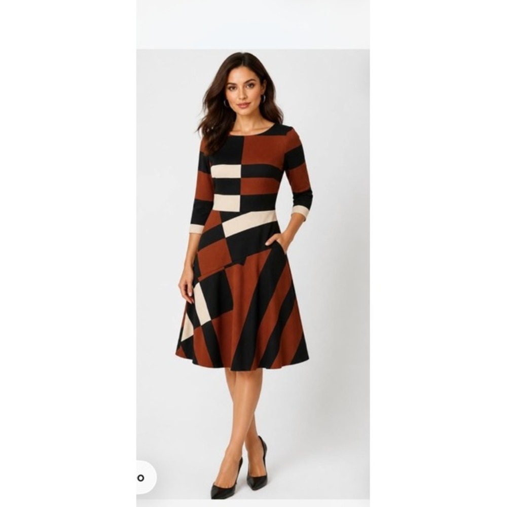 Gabby Skye Womens 10 Geometric Color-Block Dress Rust Black 3/4 Sleeve Belted